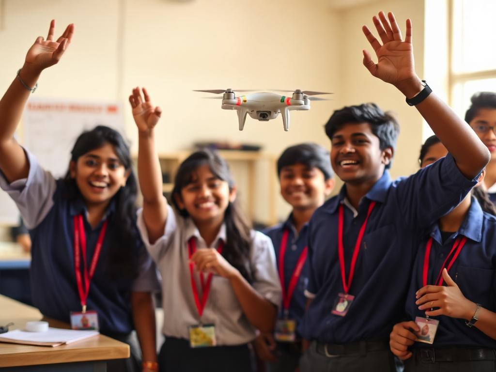 Students in school uniform cheering as a drone hovers in the lab