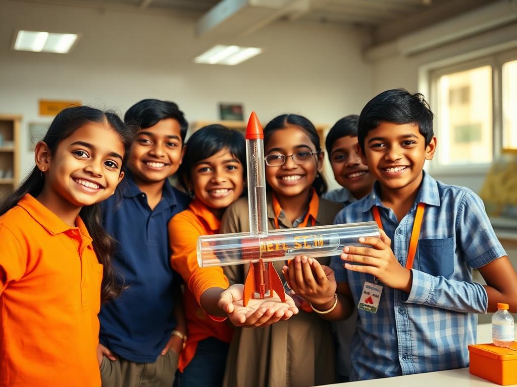 Indian school students smiling with the water rocket they built