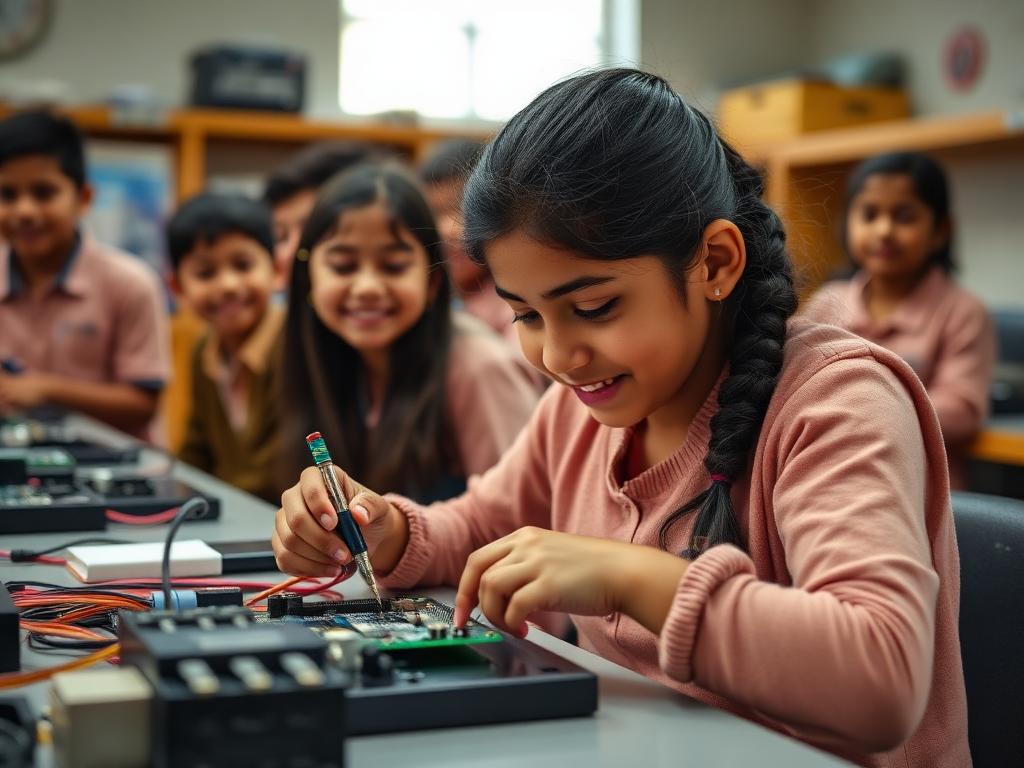 Student soldering a circuit board while classmates watch
